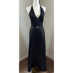 Scott McClintock Satin Halter Gown Black Maxi Formal Evening Dress Belted Size 6